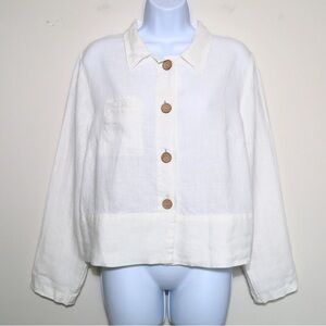YUVITA - White 100% Linen Button-Up Long Sleeve Shirt Jacket Top - Women's Large